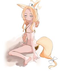 Rule 34 | 1girl, animal ear fluff, animal ears, ass, bare arms, bare legs, bare shoulders, barefoot, bikini, blonde hair, blue archive, closed mouth, fox ears, fox tail, gold bikini, highres, long hair, seia (blue archive), showtime775, simple background, solo, swimsuit, tail, white background, yellow eyes