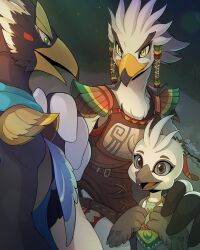 Rule 34 | 3boys, arijuno, armor, artist name, beak, blue fur, blue scarf, blue sclera, blush stickers, body fur, breastplate, brown eyes, child, closed mouth, colored sclera, eye contact, father and son, furry, furry male, green eyes, green shirt, hair between eyes, hair tubes, hand on another&#039;s shoulder, hand on own chest, hand up, hands up, happy, highres, looking at another, looking down, looking up, male focus, multiple boys, nintendo, open mouth, profile, revali, rito, scarf, shirt, short hair, shoulder pads, signature, smile, spiked hair, standing, teba (zelda), the legend of zelda, the legend of zelda: breath of the wild, time paradox, tulin (zelda), twitter username, two-tone fur, upper body, white fur, white hair, yellow eyes