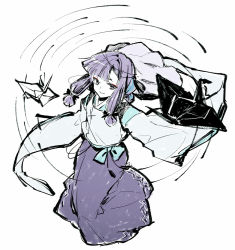 Rule 34 | 1girl, akinomiya asuka, blue ribbon, champaign of unfinished dreams, colored skin, commentary request, detached sleeves, flat chest, japanese clothes, kadenokouji mizuho, medium hair, origami, paper crane, purple eyes, purple hair, purple skirt, ribbon, shirt, simple background, sketch, skirt, sleeves past fingers, sleeves past wrists, solo, touhou, white background, white shirt, white skin, white sleeves
