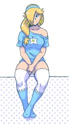 Rule 34 | 1girl, absurdres, alternate hair ornament, alternate hairstyle, blonde hair, blue eyes, blue scrunchie, blue shirt, breasts, collarbone, covering privates, covering crotch, derivative work, diadem, earrings, eyelashes, hair ornament, hair over one eye, highres, jewelry, large breasts, long hair, looking at viewer, loose clothes, loose shirt, mario (series), nintendo, polka dot, polka dot background, ponytail, rosalina, scrunchie, shirt, simple background, sitting, skindentation, smile, solo, star (symbol), star earrings, super mario galaxy, thighhighs, thighs, white thighhighs