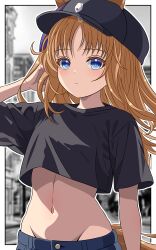 Rule 34 | 1girl, 96dai 0313, absurdres, animal ears, arm up, baseball cap, black hat, black shirt, blue eyes, blurry, blurry background, blush, border, breasts, brown hair, closed mouth, commentary request, cropped shirt, denim, ears through headwear, grass wonder (umamusume), groin, hat, highres, horse ears, horse girl, horse tail, jeans, long hair, looking at viewer, midriff, multicolored hair, navel, pants, photo background, shirt, short sleeves, small breasts, solo, streaked hair, tail, umamusume, white border, white hair