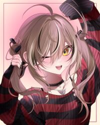 Rule 34 | 1girl, absurdres, ahoge, black choker, black hair, black ribbon, black sweater, blush, brown eyes, brown hair, choker, erisunyaan, grabbing own hair, hair ribbon, highres, hololive, hololive english, lace-trimmed choker, lace trim, long hair, multicolored hair, nanashi mumei, nanashi mumei (4th costume), one eye closed, open mouth, red sweater, ribbon, sleeves past fingers, sleeves past wrists, smile, solo, streaked hair, striped clothes, striped sweater, sweater, teeth, torn clothes, torn sweater, upper teeth only, virtual youtuber, white hair
