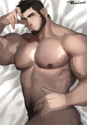 Rule 34 | 1boy, artist name, ass, bara, beard, bed, black hair, chest hair, closed mouth, facial hair, highres, large pectorals, looking at viewer, lying, male focus, male pubic hair, muscular, muscular male, nipples, nude, on bed, on side, original, pectorals, powerlesssong, pubic hair, short hair, solo