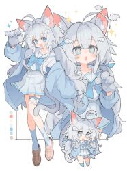 Rule 34 | + +, 1girl, :d, :o, ahoge, animal ear fluff, animal ears, animal hands, asymmetrical legwear, blue bow, blue bowtie, blue eyes, blue gloves, blue jacket, blue skirt, blue socks, bow, bowtie, brown footwear, cat ears, cat girl, cat tail, chibi, chibi inset, cloud hair ornament, collarbone, color guide, commission, double-parted bangs, full body, gloves, hair intakes, hair ribbon, hand up, hands up, jacket, kasa (hitori sanka), knees together feet apart, loafers, long hair, looking at viewer, low twintails, mismatched legwear, mismatched socks, multiple views, open clothes, open jacket, open mouth, original, paw gloves, ribbon, sailor collar, shirt, shoes, sidelocks, simple background, skeb commission, skirt, smile, socks, sparkle, tail, thigh strap, twintails, white background, white hair, white shirt