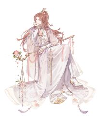 Rule 34 | 1boy, bishounen, boots, bracelet, braid, bridal gauntlets, chinese clothes, coat, crossed legs, facing to the side, floral print, flower, flower ornament, full body, gaiters, gold trim, hagoromo, hair flower, hair ornament, hanfu, head rest, hibiscus, holding, holding staff, invisible chair, jewelry, layered sleeves, loladestiny, long hair, long sleeves, looking at viewer, male focus, official art, parted bangs, pink coat, pink flower, pink hair, purple eyes, robe, shawl, side braid, simple background, sitting, smile, snow starch (the tale of food), solo, staff, tassel, the tale of food, white background, white bridal gauntlets, white footwear, white robe, wide ponytail, wide sleeves, xiao guan (headdress), yaopei