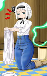 Rule 34 | boots, checkered floor, denim, half-closed eyes, high-waist pants, highres, holding, holding clothes, indoors, jeans, kneeling, konpaku youmu, looking at viewer, mutsunari (crim0718), pants, shirt tucked in, sleeves rolled up, solo, touhou