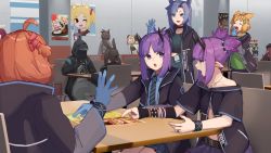 Rule 34 | 6+girls, ahoge, ambiguous gender, amiya (arknights), animal ears, arknights, bare shoulders, beagle (arknights), blonde hair, blouse, blue eyes, blue gloves, blue hair, blue skirt, bracelet, brown hair, cafeteria, chair, chopsticks, closed eyes, doctor (arknights), eating, egg (food), exusiai (arknights), fang (arknights), feather hair, food, gloves, green shirt, gummy (arknights), hair ornament, halo, hand up, hat, hibiscus (arknights), highres, holding, holding chopsticks, horns, ifrit (arknights), infection monitor (arknights), jacket, jessica (arknights), jewelry, kroos (arknights), lava (arknights), long sleeves, matterhorn (arknights), medium hair, megusuri nodoame kuensan, menu, multiple girls, name tag, necklace, necktie, open clothes, open jacket, open mouth, orange hair, pointing, pointy ears, poster (object), purple eyes, purple hair, rabbit ears, red hair, ring, salute, shaw (arknights), shirt, short hair, short sleeves, short twintails, shoulder spikes, silence (arknights), skirt, sora (arknights), spiked bracelet, spikes, sunny side up egg, symbol-shaped pupils, table, tooth necklace, twintails, vigna (arknights), yawning