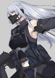 Rule 34 | 1girl, ak-15, ak-15 (girls&#039; frontline), assault rifle, belt, gas mask, girls&#039; frontline, gloves, gun, hair over one eye, highres, holding, holding weapon, kalashnikov rifle, knife, long hair, marche mk14, mask, midriff, navel, one eye covered, purple eyes, rifle, silver hair, solo, tactical clothes, utility belt, very long hair, weapon