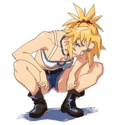 Rule 34 | 1girl, arms on knees, bandeau, belt, black belt, blue eyes, braid, breasts, brown footwear, cleavage, collarbone, denim, denim shorts, fate/apocrypha, fate (series), french braid, groin tendon, hair ornament, hair scrunchie, highres, jewelry, looking at viewer, mikkusushi, mordred (fate), necklace, ponytail, red scrunchie, scrunchie, shirt, shorts, signature, sketch, small breasts, smirk, solo, squatting, thighs, white background, white shirt