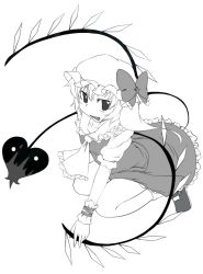 Rule 34 | 1girl, :d, ascot, blush, crystal, demon wings, dress, female focus, flandre scarlet, full body, greyscale, hat, looking at viewer, mob cap, monochrome, open mouth, puffy short sleeves, puffy sleeves, sacha, short sleeves, side ponytail, simple background, smile, solo, touhou, white background, wings, wrist cuffs