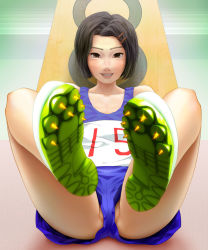Rule 34 | 1girl, bare shoulders, black hair, brown eyes, cleats, foreshortening, grin, hair ornament, hairclip, legs up, looking at viewer, lying, no panties, on back, original, partially visible vulva, saran wrap (sf seijin), shoe soles, shoes, short hair, shorts, sitting, smile, soles, solo, spread legs, upshorts