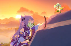 Rule 34 | 1girl, blue eyes, climbing, cloud, cone hair bun, exhausted, flower, gameplay mechanics, genshin impact, gloves, hair bun, keqing (genshin impact), landscape, long hair, long sleeves, maiqo, mountain, mouth hold, nature, outdoors, scenery, sky, solo, sparkle, sunset, sweat, twintails