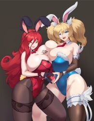 Rule 34 | 2girls, absurdres, astaroth (taimanin asagi), asymmetrical docking, blonde hair, blue eyes, bow, bowtie, breast press, breast tattoo, breasts, cameltoe, cleavage, covered navel, female focus, gigantic breasts, gloves, heart, heart hands, highres, huge breasts, leotard, long hair, looking at viewer, multiple girls, necktie, onizaki kirara, pantyhose, pockyland, rabbit ears, rabbit tail, red hair, simple background, skindentation, taimanin (series), tattoo, thick thighs, thighs, twintails, yellow eyes