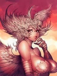 Rule 34 | 1girl, bare shoulders, big hair, breasts, brown eyes, chinese zodiac, claws, fumio (rsqkr), large breasts, lips, long hair, looking at viewer, monster girl, original, parted lips, solo, white hair, wings, year of the rooster
