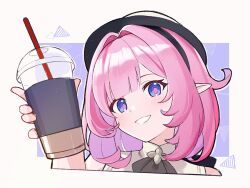 Rule 34 | 1girl, bare shoulders, black hat, blue eyes, blush, commentary, cup, disposable cup, drinking straw, elysia (honkai impact), hair intakes, hand up, hat, head tilt, highres, holding, holding cup, honkai (series), honkai impact 3rd, looking at viewer, marimo jh, pink hair, pointy ears, shirt, sleeveless, sleeveless shirt, smile, solo, upper body, white shirt