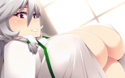 Rule 34 | 1girl, braid, breasts, dutch angle, covered erect nipples, hayashi custom, indoors, izayoi sakuya, large breasts, looking at viewer, no bra, open clothes, open shirt, red eyes, shirt, silver hair, smile, solo, touhou, upper body, white shirt, window