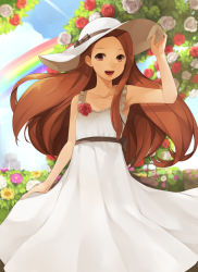 Rule 34 | 1girl, :d, armpits, bare shoulders, blue sky, blurry, brown eyes, brown hair, day, depth of field, dress, flower, hand on headwear, hat, highres, hitoto, idolmaster, idolmaster (classic), long dress, long hair, looking at viewer, minase iori, open mouth, rainbow, sky, smile, solo, sparkle, sun hat, white dress