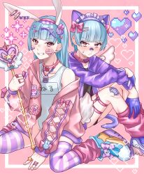 Rule 34 | 2boys, absurdres, androgynous, animal ears, bishounen, blue hair, blush, bow, cat ears, cat tail, choker, cross, cross hair ornament, crossdressing, extra ears, fake animal ears, gloves, hair bow, hair ornament, hairclip, heart, heart hair ornament, highres, holding, holding staff, jacket, jewelry, latin cross, long hair, long sleeves, looking at viewer, maid headdress, male playboy bunny, manekinekoko777, medium hair, multiple boys, multiple rings, one-piece swimsuit, open clothes, open jacket, original, pink bow, pink eyes, puffy long sleeves, puffy sleeves, purple gloves, purple thighhighs, rabbit ears, rabbit hair ornament, rabbit tail, ring, school swimsuit, smile, staff, striped clothes, striped thighhighs, swimsuit, tail, tamagotchi, thighhighs, trap, wand, white one-piece swimsuit