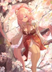 Rule 34 | 1girl, barefoot, bell, braid, branch, breasts, cleavage, closed mouth, commentary, day, detached sleeves, elysia (honkai impact), flower, from above, hair flower, hair ornament, hair rings, highres, honkai (series), honkai impact 3rd, in tree, kuma (kumasan 82), large breasts, long hair, long sleeves, looking at viewer, multicolored hair, outdoors, pink hair, puffy long sleeves, puffy sleeves, purple eyes, red skirt, shrug (clothing), sitting, skirt, smile, solo, streaked hair, tree, very long hair, white flower, white hair, white sleeves