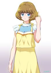 Rule 34 | 1girl, blue eyes, brown hair, closed mouth, commentary, glasses, gradient background, grey background, highres, ichinose minori, jewelry, joy ride, looking at viewer, middle finger, precure, ring, short hair, short sleeves, simple background, skirt, solo, tropical-rouge! precure, white background, yellow skirt
