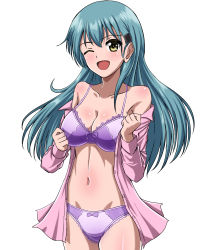 Rule 34 | 1girl, absurdres, aqua hair, bare shoulders, blush, bra, breasts, cleavage, collarbone, green eyes, hair ornament, hairclip, highres, jacket, kantai collection, large breasts, looking at viewer, navel, off shoulder, one eye closed, open clothes, open jacket, open mouth, panties, pink jacket, purple bra, purple panties, solo, straight hair, suzuya (kancolle), underwear, white background, zanntetu