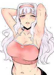 Rule 34 | 1girl, armpits, arms up, blush, breasts, female focus, hairband, highres, idolmaster, idolmaster (classic), large breasts, long hair, midriff, navel, one eye closed, open mouth, purple eyes, shijou takane, silver hair, solo, sweat, sweat stain, tsurui