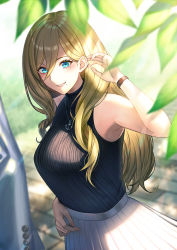Rule 34 | 1girl, alternate costume, anchor necklace, black shirt, blue eyes, blush, breasts, day, eyelashes, hair between eyes, jewelry, kantai collection, large breasts, leaf, long hair, mole, mole under eye, mole under mouth, necklace, outdoors, richelieu (kancolle), shirt, skirt, sleeveless, sleeveless shirt, smile, solo, unowen, white skirt, wristband