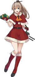 Rule 34 | 10s, 1girl, aqua eyes, ascot, boots, brown hair, dress, full body, gift, green hair, hair ornament, kantai collection, konishi (koconatu), kumano (kancolle), long hair, machinery, mittens, official art, open mouth, ponytail, red mittens, santa costume, smile, solo, transparent background, turret