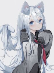 Rule 34 | 1girl, absurdres, animal ear fluff, animal ears, black hoodie, black neckerchief, blue eyes, cat ears, cat girl, cat tail, closed mouth, commentary, fuinagi (huyuu mm), hair between eyes, hair flowing over, highres, hood, hood down, hoodie, kemonomimi mode, long hair, looking at viewer, neckerchief, project sekai, red neckerchief, simple background, sleeves past fingers, sleeves past wrists, solo, tail, two-tone neckerchief, very long hair, white background, white hair, yoisaki kanade