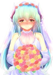 Rule 34 | 1girl, absurdres, bare shoulders, blush, bouquet, bridal veil, bride, dragon girl, dragon horns, dress, elbow gloves, fate/grand order, fate (series), flower, full-face blush, gloves, hair between eyes, highres, holding, holding bouquet, horns, izumikuu, kiyohime (fate), looking at viewer, rose, simple background, smile, solo, upper body, veil, wedding dress, white background, white dress, white gloves
