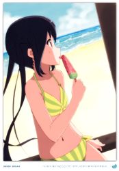Rule 34 | 1girl, absurdres, black hair, blush, brown eyes, dated, day, errant, food, highres, holding, holding food, k-on!, long hair, looking away, nakano azusa, navel, popsicle, scan, solo, tongue, tongue out, twintails