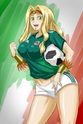 Rule 34 | 1girl, 2018 fifa world cup, american football, armband, ball, blonde hair, breasts, commentary, fate/grand order, fate (series), green eyes, headband, jewelry, large breasts, long hair, looking at viewer, mexican flag, mexico, open mouth, quetzalcoatl (fate), smile, soccer, soccer ball, soccer uniform, solo, sportswear, standing, very long hair, world cup, zantyarz