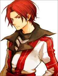 Rule 34 | 1boy, armor, colored eyelashes, expressionless, gensou suikoden, gensou suikoden ii, male focus, morisuke, red eyes, red hair, seed (suikoden), solo, surcoat, white background