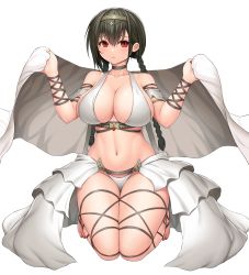 Rule 34 | 1girl, absurdres, asamura hiori, azur lane, bare shoulders, barefoot, bikini, black choker, black hair, bolzano (a flutter in the moment) (azur lane), bolzano (azur lane), braid, breasts, character request, check character, choker, cleavage, cloak, closed mouth, collarbone, commentary request, dancer, full body, hair between eyes, hairband, highres, holding, holding clothes, kneeling, large breasts, legs, long hair, looking at viewer, nail polish, navel, official alternate costume, red eyes, red nails, sidelocks, simple background, soles, solo, stomach, swimsuit, throne, toenail polish, toenails, toes, twin braids, waistcoat, white background, white bikini, white cloak