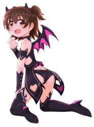 Rule 34 | 1girl, akagi miria, armband, ass, bare shoulders, bikini, black armband, black bikini, black collar, black hairband, black sleeves, black thighhighs, blush, brown eyes, brown hair, claw pose, collar, demon horns, demon wings, detached collar, detached sleeves, e sen a1000, fake horns, fake wings, fang, flat chest, from behind, full body, hairband, hand on own leg, hand up, highres, horns, idolmaster, idolmaster cinderella girls, idolmaster cinderella girls starlight stage, idolmaster starlit season, looking at viewer, looking back, open mouth, short hair, simple background, smile, solo, swimsuit, thighhighs, two side up, white background, wings