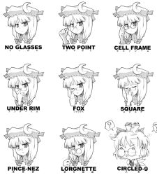 Rule 34 | circled 9, 1girl, bespectacled, character sheet, chart, cirno, diagram, female focus, frog, glasses, greyscale, monochrome, ooide chousuke, patchouli knowledge, touhou, white background