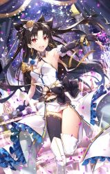 Rule 34 | 1girl, :d, asymmetrical gloves, bare shoulders, black bow, black gloves, black hair, black ribbon, black thighhighs, blue flower, blue rose, boots, bow, breasts, brown flower, brown rose, commentary request, detached sleeves, elbow gloves, fate/grand order, fate (series), fingerless gloves, flower, frills, gabiran, gloves, hair flower, hair ornament, hair ribbon, holding, holding microphone, ishtar (fate), long hair, looking at viewer, microphone, mismatched gloves, open mouth, parted bangs, pillar, puffy short sleeves, puffy sleeves, red eyes, ribbon, rose, short sleeves, skirt, small breasts, smile, solo, standing, standing on one leg, thigh boots, thighhighs, two side up, uneven gloves, very long hair, white bow, white footwear, white skirt, white sleeves, white thighhighs