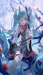 Rule 34 | 1girl, absurdly long hair, absurdres, aqua eyes, aqua hair, aqua nails, arm support, bare tree, blurry, blurry background, blurry foreground, branch, chinese clothes, commentary request, feet out of frame, flower, grey sky, hair ornament, hatsune miku, highres, hitokoto, holding, holding flower, long hair, looking at viewer, nail polish, outdoors, petals, red flower, sidelocks, sitting on branch, sky, smile, solo, tree, very long hair, vocaloid