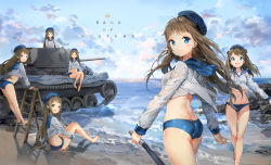 Rule 34 | 6+girls, anmi, ass, bare legs, barefoot, beach, beret, bikini, blouse, blue eyes, blue sky, blush, breasts, brown eyes, brown hair, cloud, commentary request, crop top, day, double bun, english text, hair bun, hat, highres, hugging own legs, ladder, long hair, looking at viewer, looking back, matching outfits, medium breasts, military, military vehicle, motor vehicle, multiple girls, navel, ocean, on vehicle, open mouth, original, outdoors, sailor collar, sand, shirt, sitting, sky, smile, standing, swimsuit, tank, very long hair, water, white shirt