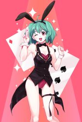 Rule 34 | 1girl, animal ears, bare shoulders, blush, bow, bowtie, breasts, card, cleavage, detached collar, fake animal ears, gradient background, green hair, leotard, looking at viewer, macross, macross frontier, mintpompom, open mouth, playboy bunny, playing card, rabbit ears, ranka lee, red eyes, short hair, smile, solo, standing, vest, wrist cuffs
