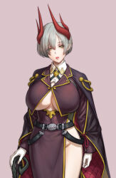 Rule 34 | 1girl, belt, black belt, breasts, brown jacket, brown skirt, cane, collared shirt, cowboy shot, cropped jacket, cropped shirt, fujii eishun, gloves, green eyes, grey hair, groin, head tilt, high-waist skirt, highres, holding, holding cane, horns, jacket, large breasts, long sleeves, looking at viewer, mole, mole under mouth, multiple horns, original, parted lips, pink background, pink lips, pointy ears, shirt, short hair, simple background, skirt, solo, underboob, white gloves, white shirt