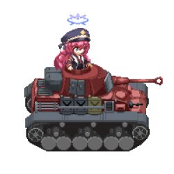 Rule 34 | 1girl, armband, black hat, blue archive, blue halo, commentary, einzeilhandery, english commentary, full body, grey eyes, halo, hat, iroha (blue archive), jacket, long hair, military hat, military jacket, military vehicle, motor vehicle, peaked cap, pixel art, red armband, red hair, simple background, solo, tank, white background