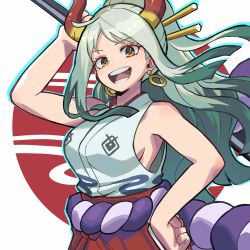 Rule 34 | 1girl, absurdres, aqua hair, bare shoulders, club, club (weapon), commentary, earrings, english commentary, hair ornament, hair stick, highres, holding, holding weapon, hoop earrings, horns, jewelry, kanabou, long hair, looking at viewer, miconomicon, multicolored hair, multicolored horns, one piece, oni, open mouth, orange eyes, ponytail, red horns, rope, shimenawa, sleeveless, smile, solo, teeth, two-tone hair, two-tone horns, weapon, white hair, yamato (one piece), yellow horns