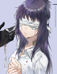 Rule 34 | 1boy, 1girl, bandaged neck, bandages, bandages over eyes, blood, blood on clothes, blood on face, blood on hands, blouse, breasts, chrome dokuro, collared shirt, commentary request, dress, ekita kuro, gloves, highres, katekyo hitman reborn!, purple background, shirt, simple background, solo focus, white shirt