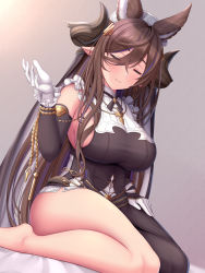 Rule 34 | 1girl, animal ears, barefoot, blush, breasts, brown hair, closed eyes, closed mouth, commentary request, detached sleeves, extra ears, galleon (granblue fantasy), gloves, granblue fantasy, hair between eyes, hair ornament, hand up, highres, horns, kneeling, large breasts, long hair, long sleeves, melopun, pointy ears, smile, solo, thighs, white gloves, white headwear