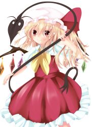 Rule 34 | 1girl, absurdres, ascot, blonde hair, cowboy shot, crystal wings, dress, flandre scarlet, hat, hat ribbon, highres, laevatein (touhou), noriokaki oheso, red dress, red eyes, red ribbon, ribbon, side ponytail, simple background, smile, solo, touhou, white background, white mob cap, yellow ascot