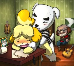 Rule 34 | 1girl, 3boys, animal crossing, bent over, blush, bound, brother and sister, cat, digby (animal crossing), doggystyle, furry, gagged, guitar, humiliation, implied rape, indoors, instrument, isabelle (animal crossing), k.k. (kekkai sensen), moaning, multiple boys, nintendo, sex, sex from behind, siblings, table, thick thighs, thighs, tied up