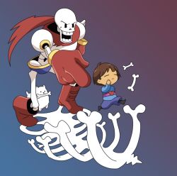 Rule 34 | androgynous, bone, brown hair, closed eyes, dog, frisk (undertale), gender request, papyrus (undertale), running, skeleton, striped clothes, striped sweater, sweater, undertale
