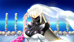 Rule 34 | 1girl, aeda type-g, auto guard system, black skin, breasts, bride, choker, cleavage, clothed robot, colored skin, day, dress, faceless, flower, highres, humanoid robot, jazz jack, large breasts, last origin, robot, shiny skin, signature, sky, sleeveless, sleeveless dress, solo, veil, water, wedding, wedding dress