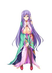 Rule 34 | 1girl, absurdres, blue eyes, blush, breasts, cleavage cutout, clothing cutout, covered erect nipples, full body, game cg, gloves, hand on own knee, highres, huge breasts, hunched over, koihime musou, kouchuu, long hair, long sleeves, mature female, official art, own hands together, purple hair, shin koihime musou, smile, solo, transparent background, v arms, very long hair, yatsuha kanan